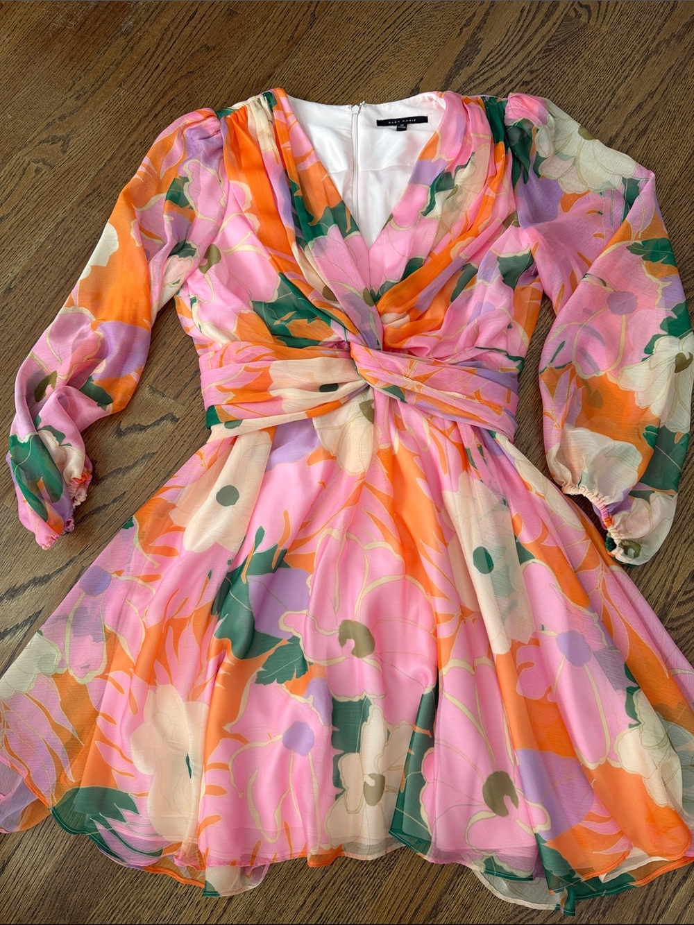 Alex Marie Floral Twist-Front V-Neck Mini Dress - Pink & Orange Sz 10